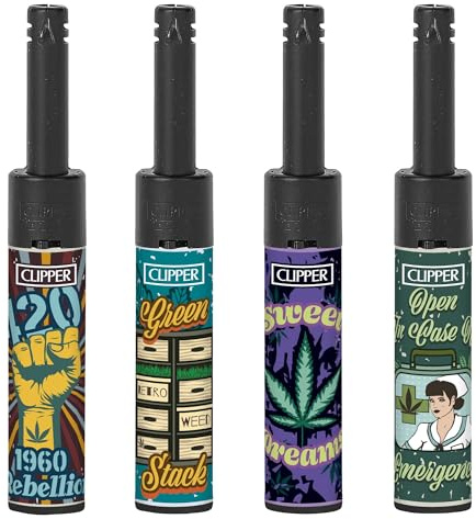 Clipper Mini Tube Lighters, RETRO WEEDS Design, Refillable, Set of 4