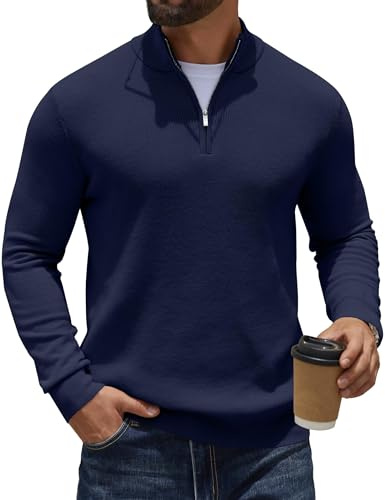 COOFANDY Polo en tricot décontracté à manches longues et fermeture éclair 1/4 pour homme