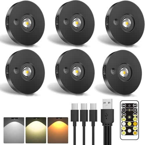 Ylatoial USB Aufladbare LED Spots Akku mit Fernbedienung, 3 Dimmbare Farbtemperaturen, Timer-Funktion, Kabellose Unterbau/Schrankbeleuchtung Rundes Design (6er Pack)(Warmweiß/Kaltweiß/Tageslichtweiß)