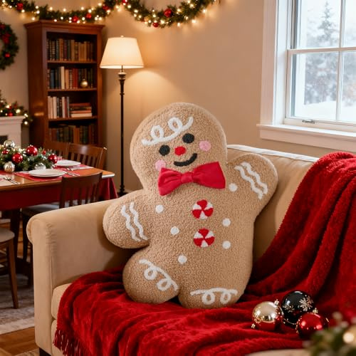 Lanpn Lebkuchenmann Weihnachtskissen, Lebkuchen Weihnachts Kissen Dekokissen Flauschiges Zierkissen für Geschenk Party Bett Sofa Couch Innenbereich Weihnachtsdeko Dekoration (Junge, 46,5x38,5cm)
