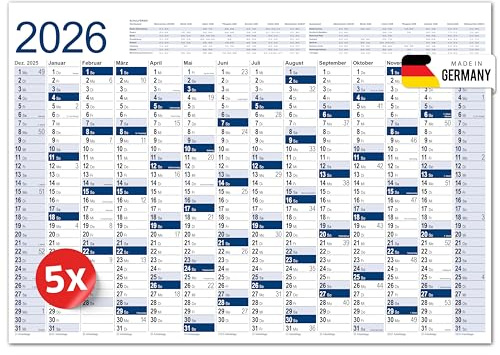 PRIMUS PRINT XXL Kalender 2026 – Plakatkalender 2026 – Wandkalender in Postergröße A1 (594x841 mm), Jahresplaner für 2026, Wandplaner in Blau oder Grün – Gerollt [ 5er Set-Blau ]
