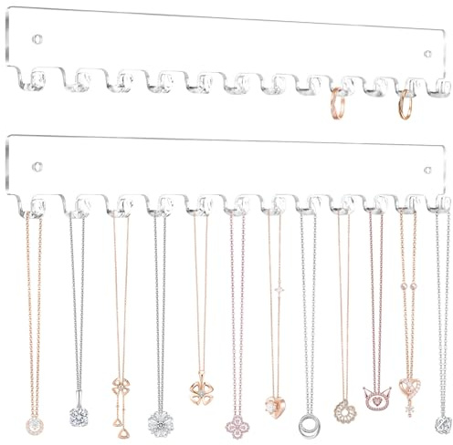 MOFASVIGI Acrylic Necklace Holder, Wall Mounted jewellery organiser Display Hooks for Necklaces Bracelets and Ring Organiser Hanger, 2pcs