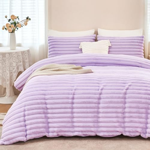 ZRNBAST Fluffy Duvet Cover Set - Light Purple Plush Comforter Cover Twin Size, 3Pcs Fleece Bedding Set with Striped Pattern, Soft Warm Faux Fur Bed Sets for Winter(Light Purple, Twin)