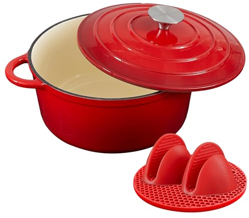Nilpferd Gusseisen Topf Schmortopf 24cm Emaille Bräter mit Deckel Topflappen, Kasserollen Bratentopf brot backen für Backen Schmoren Braten Incl.1 Paar Silikon Ofenhandschuhe &Topfuntersetzer (Rot,4L)