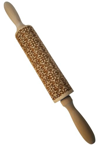 yeeplant Gravierte Vintage Nudelholz zum Backen, Keksstempel aus Holz mit rundem Griff, perfekt für Keks- und Keksdekoration, einfache Wartung