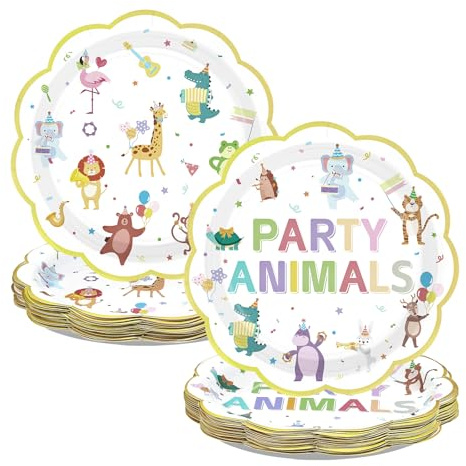 50Pcs Animal Parade Paper Plates 9 Heavy Duty Disposable Circus Carnival Dessert Plates Scalloped Circus Animals Party Decoration for Kids Boys Girls Birthday Baby Shower Festive Party Supplies