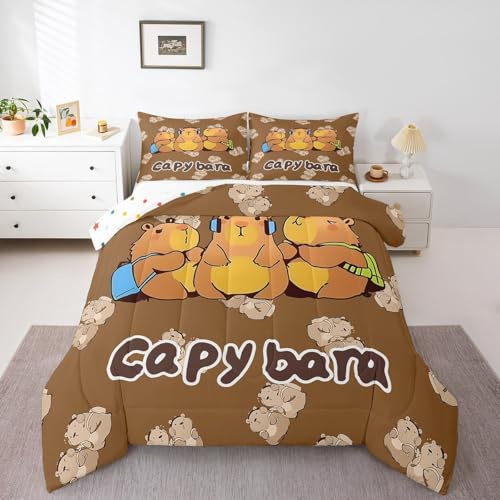 Erosebridal Kawaii Capybara Comforter Set, Cute Beaver Bedding Set Full, Cartoon Rodents Animals Print Down Comforter for Kids Girls Boys Natural Wild Safari Theme Wild Animals Print Quilt, Brown