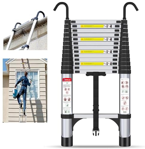 Wolec 16.5 ft Aluminum Telescoping Ladder, 330 lb Load, Hooks, Portable Collapsible Ladder for Home & Work,Silver