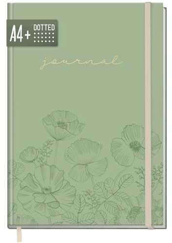 =paper&you® Dotted Journal A4+ med elastiskt band Green Poppy 156 sidor, prickad anteckningsbok, skissbok, dagbok - hållbar & klimatvänlig