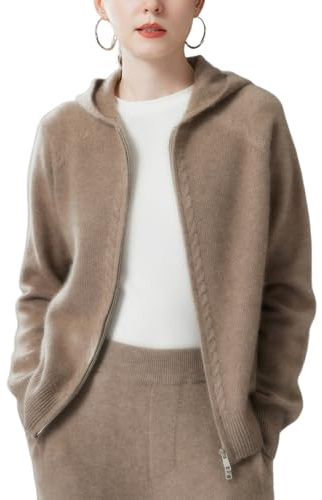 DISSA Gilet Cachemire Femme Capuche Uni Gilet Tricoté en Vrac Manches Longues épais Cardigan en Cachemire et Laine,Marron,EU 38,MS511