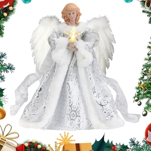 Puntale Per Albero Di Natale Con Angelo, Puntale Con Fata Illuminata, Punt-ale Con Angelo Illuminato Con Al-i Di Piume Bianche, Punt-ale Per Albero Di Natale Con Decorazione Da Ang-elo