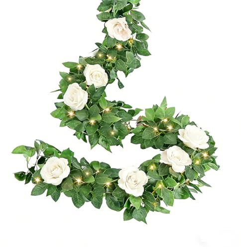 7.8FT Artificial Rose Garland with Lights – Artificial Rose Vines with 30 LED Fairy String Lights, Silk Hanging Rose Garlands for Valentine's Day Anniversary Wedding Table Birthday Party Decor(White)