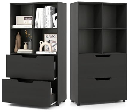 KOMFOTTEU Bücherregal aus Holz mit 4 Fächern und 2 Schubladen, Bücherschrank mit Kippschutz, Würfelregal Standregal für Wohnzimmer, Büro, Schlafzimmer, 70 x 33,5 x 130 cm (Schwarz)