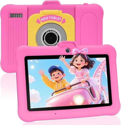 TABTIVI Tablet per bambini 7 pollici Android, 8(3+5) GB RAM, 64GB ROM(TF card 128 GB), Google GMS, App per Bambini Preinstallata, Kids space, WIFI, Custodia antiurto, rosa