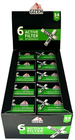 GIZEH BLACK Active Filter, Ø 6 mm – 10 Beutel á 34 Filter | Aktivkohle aus Kokosschale & wiederverwendbare Keramikkappen, 27 mm Länge - Made in Germany