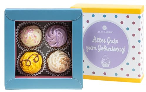 CHOCOLISSIMO - Schokolade Geschenk Geburtstag - Pralinen Geschenk - mit Alkohol - 4 handgemachte Cupcakes Pralinen - Kleines Geschenk für Frauen, Männer, Papa, Mama, Partner, beste Freundin