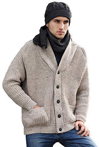 Aran Crafts Irish Cable Knitted Ribbed Shawl Cardigan für Herren (100% Merinowolle), Haferflocken (Oatmeal), L