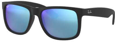 Ray-Ban RB4165 Justin Occhiali da sole nero opaco con specchio blu (622/55) 4165 62255 55 mm autentico, Gomma nera.