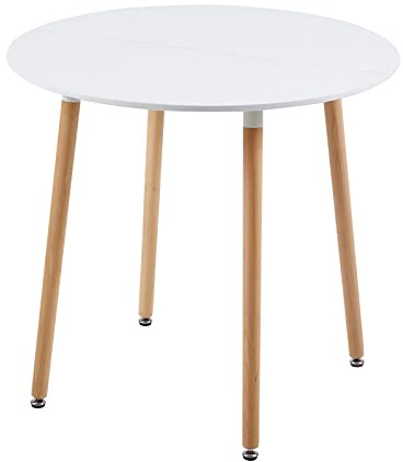 EGGREE Mesa de cocina redonda moderna con mesa de madera escandinava, patas de madera maciza, 80 x 75 cm, blanco