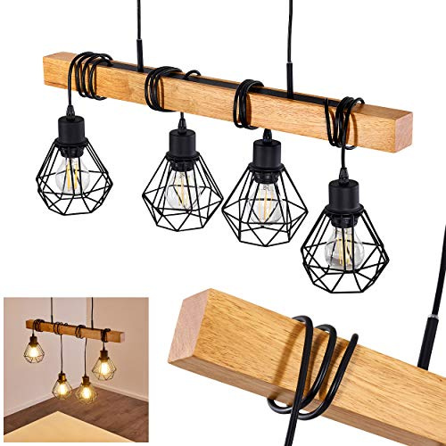 Pendellampa Barbengo, långsträckt pendel i metall/trä i svart/brun, 4-flammig, 4 x E27, modern pendel i retro/vintage-design, bur, galleroptik, utan glödlampor