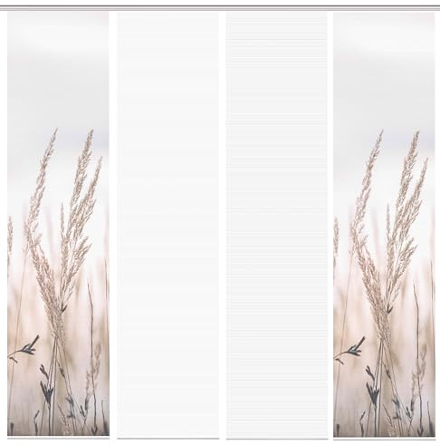 HOME WOHNIDEEN 94373 | 4er-Set Schiebegardine 'RELVA', Digitaldruck auf Bambus-Optik, mit abstraktem Gräser-Motiv, 260x60cm, Farbe: Natur