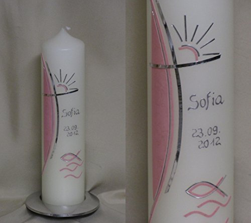 Taufkerze/Kommunionkerze in rosa,25 x 6 cm, inklusive Beschriftung und Aufbewahrungskarton ! R 57/1