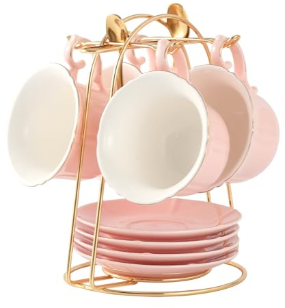 DUJUST Teetassen und Untertassen Set von 4 (235 ml), Süßigkeitsfarbe mit goldenen Trimm, Blütenblattkante Kaffeetassen mit Metallstand, einfacher Stil Porzellan-Tee-Party-Set - Rosa