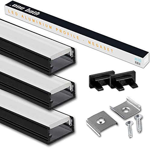 .one-bath LED Aluprofil 2m am Stück I LED Alu Profile 3x2m Schwarz satiniert I Aluminiumprofil für LED Stripes I Lichtleiste I Aufputz