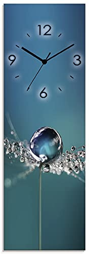ARTLAND Wanddeko Wanduhr ohne Tickgeräusche Glas Funkuhr 20x60 cm Rechteckig Lautlos Blumenbilder Pusteblume Wassertropfen Modern Blau U1TB