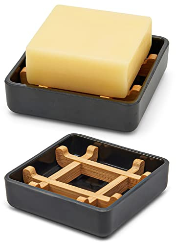 Bamboo Soap Dishes for Bar Soap Holders for Shower with Drainage for Bathroom Sink Bulk Small Wooden Soap Tray (Single Right Angle Black)