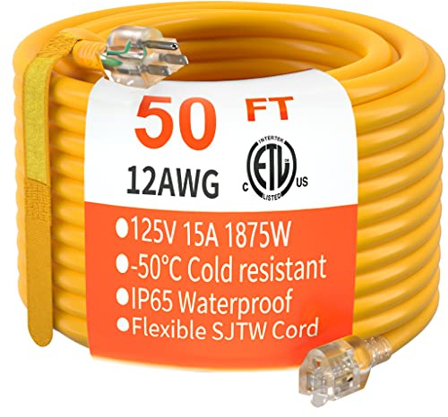 50 ft 12/3 Gauge Heavy Duty Outdoor Extension Cord Waterproof with Lighted, Flexible Cold Weather 3 Prong Electric Cord Outside, 15A 1875W 125V 12AWG SJTW, Yellow, ETL Listed HUANCHAIN | 12 AWG 50 Foot 3 Prong Extension Cord Waterproof, Appliance Extension Cord Waterproof with Strap, 15A 1875W SJTW, ETL Listed