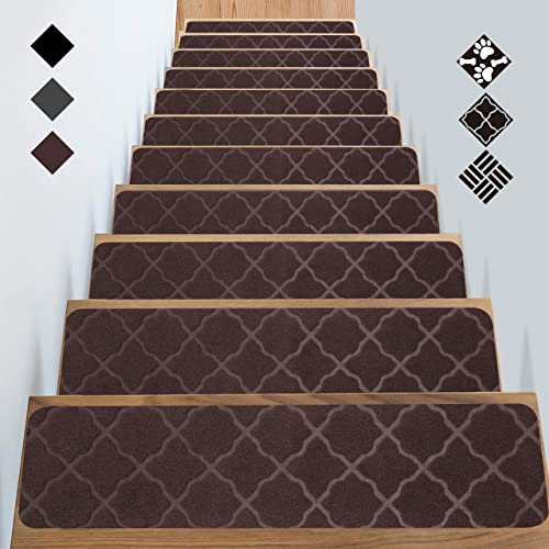 GOYLSER Alfombra Antideslizante para escaleras de Fieltro para escaleras Autoadhesivas, Tiras de Agarre de 15 Unidades, Paso de escaleras para Mayores, niños, Perros de Mascotas, Cubo marrón 76x20 cm