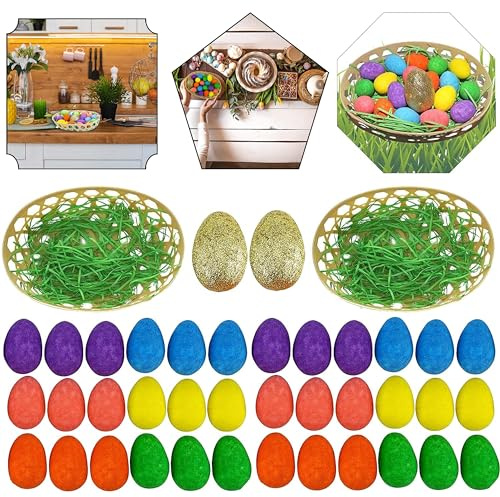 SRVertex 63 Pieces Golden Egg Table Decoration Set Mini Eggs Craft Box, Egg Basket Easter Glitter Eggs Kit, Gifts for Kids Easter Activities (63Pcs Easter Activity Pack)