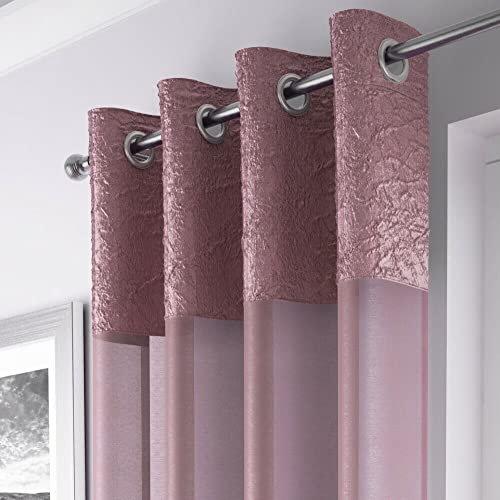 Maple Textiles A Pair of Blush Eyelet Heading Voile Crushed Metallic Satin Curtain Panel Ring Top Available in 3 sizes (2, Blush Pink, 90(229cm) Drop)
