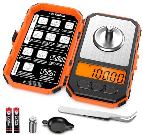 Brifit 50g/0.001g Feinwaage, Digitalwaage Taschenwaage mit Edelstahl Kalibriergewicht, Tara-Funktion, Schmuckwaage Goldwaage Münzwaage mit Pinzetten - Orange