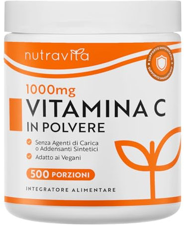 Vitamina C in polvere 500 g - 1000 mg per porzione - scorta per 16 mesi - Acido ascorbico puro in polvere finissima - Supporta il sistema immunitario e riduce la stanchezza - Nutravita