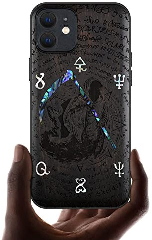 Carveit Coque magnétique pour iPhone 12 Étui de Protection [Gravure en Bois et Incrustation de Coquille] TPU Case Compatible avec 12 Magsafe Artistique Coque (Bois Sombre-Faucheuse)
