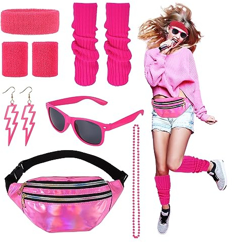 Heyu-Lotus 80er Jahre Outfit Damen, 90er Jahre Kostüm Kleidung Accessoires mit Bauchtasche, Stirnband, Beinwärmer, Armbänder, Brille und Ohrring für Karneval Neon Party