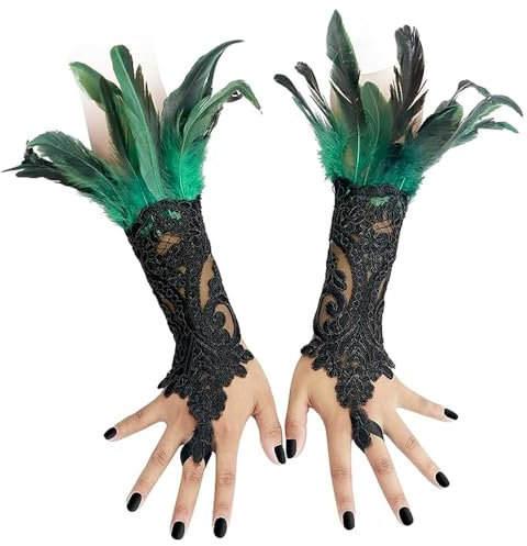LJRPUPY Gothic Fingerlose Feder Handschuhe für Frauen Halloween Kostüm Lange Spitze Handschuhe Handgelenk Manschetten Ärmel, Grün, EinheitsgröÃŸe