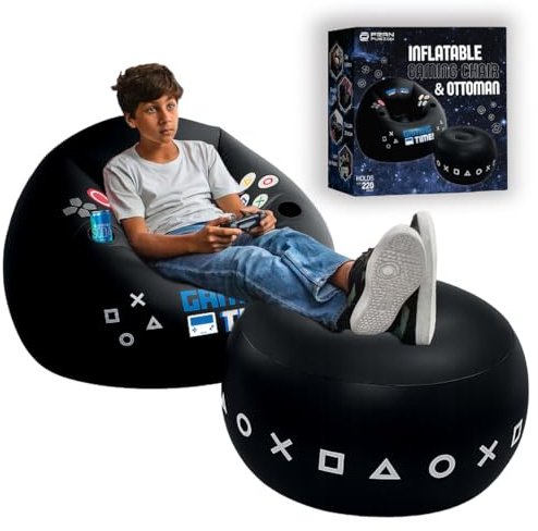 FranFusion Inflatable Gaming Chair for Kids & Teens with Cup Holders and Side Pocket - This Air Bean Bag Game Chair is The Perfect Furniture for Gamer Room Décor (Gaming Time with Ottoman)