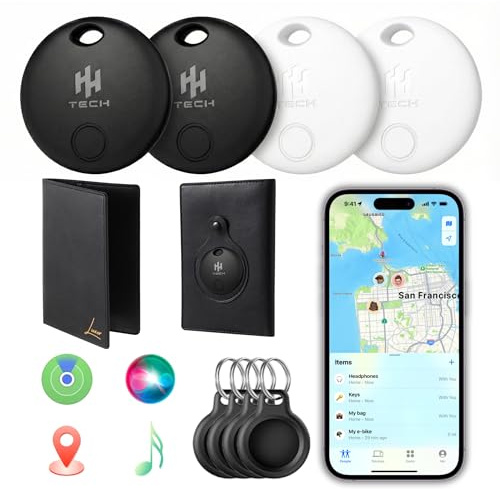 HH-Tech Smart Tag COMBO (Pack 4) For Apple iOS Devices Including Free Luxor Passport Holder, Key Tracker, Item Finder, Replaceable Battery, Easily Track Your Wallet, Bag, Suitcase, and More