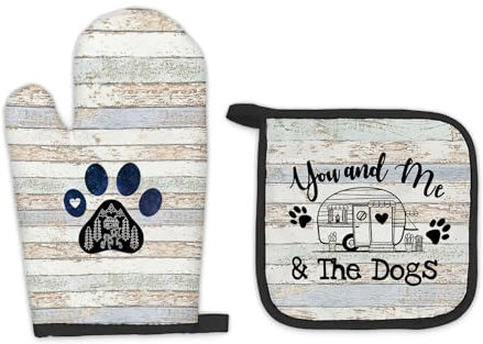 FIicy Camper Dog Lover Gifts Oven Mitts and Pot Holders Sets, Gifts for Camping Dog Lovers Kitchen Accessories Sets, Camping Dog Themed Heat Resistant Oven Glove Potholders for Rv Kitchen Cooking BBQ