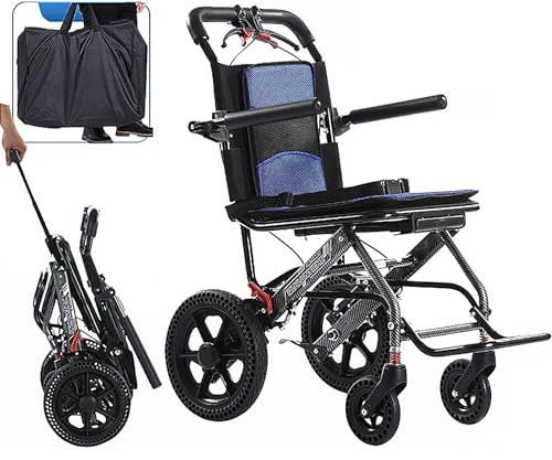 YFJBDKS Ultraleichter, zusammenklappbarer Reiserollstuhl,Schnell zusammenklappbarer tragbarer Rollstuhl mit Aluminiumrahmen,Trolleys für Reisen im Alter,Blau