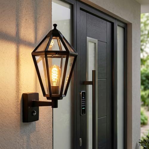 HOFSTEIN Außenwandleuchte Falfosa, Außenwandlampe mit Bewegungsmelder aus Metall/Glas in Schwarz/Klar, Wandleuchte im Landhaus/Retro/Vintage-Stil, E27, IP44, Hof, Eingangsbereich, Terrasse, Haustür