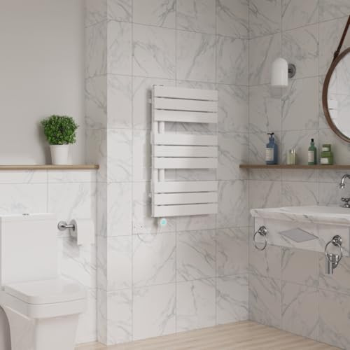 Warmehaus Electric Heated Towel Rail Timer Flat Panel White 826x500mm | Thermostatic Bathroom Towel Radiator, Dual Fuel, Child Lock, Mild Steel, Wall Mounted, Prefilled, Designer