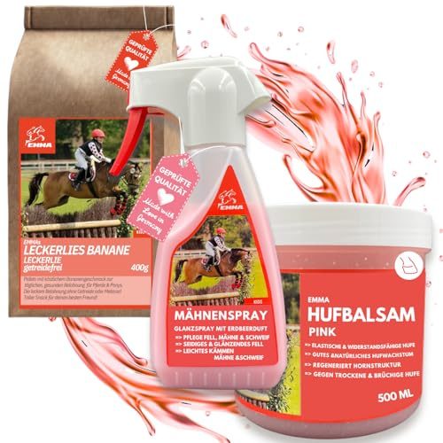 EMMA Pferdeleckerlis + Huffett Chevaux + Spray à crinière pour chevaux Rose I Friandises Chevaux Banane – Spray de queue pour chevaux – Accessoires – Chevaux Filles Cadeau Chevaux Set de 3 pièces