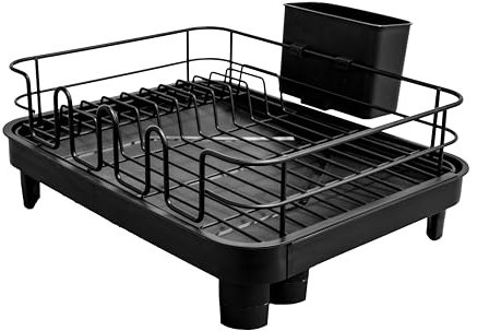 Amig - Escurreplatos Extensible Vika - 41 x (31-52) x 16 cm - Acero y Plástico - Color Negro - Escurreplatos con Bandeja de Goteo y Tapón de Drenaje - Capacidad para 10 Platos y 6 Vasos