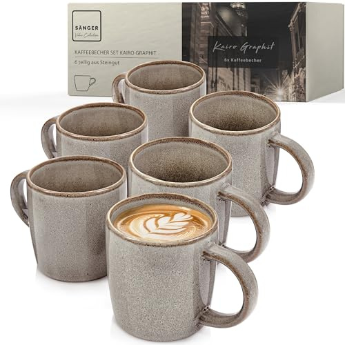 SÄNGER Kairo Graphit Kaffeebecher 6 teilig, Steingut Tassen Set | 6 Personen, Tassen, spülmaschinen-mikrowellenfest, Coffee Mug Teetasse, Kaffeetassen Mocha Braun 400 ml