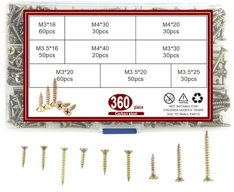 360PCS Wood Screws Set, M3 M3.5 M4 Color Zinc Self Tapping Screws Assortment with 9 Sizes, Multi Use High Screw Set and Assorted Screw for Wood, Masonry, DIY, Furniture and Repairs