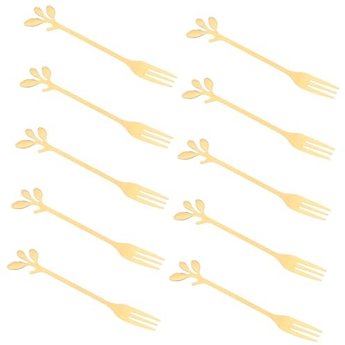 CHILDWEET Juego De 10 Tenedores Dorados De Acero Inoxidable Diseño De Hoja Ideales Para Frutas Aperitivos y Cócteles Utensilios y Fáciles De Transportar